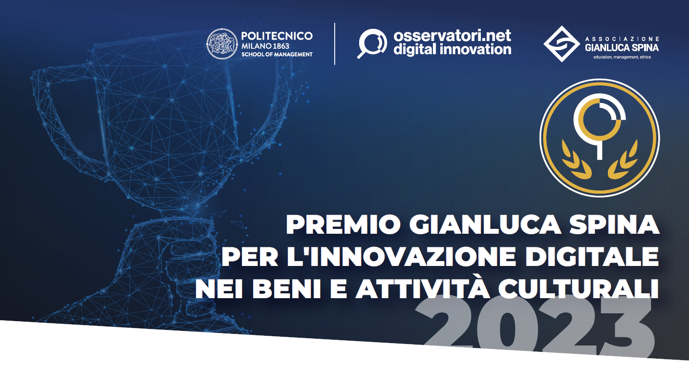 Locandina di presentazione del Premio Gianlluca Spina dedicato alle Istituzioni culturali di natura pubblica o privata e a organizzazioni/associazioni culturali, con l'obiettivo di riconoscere l'eccellenza nell'innovazione digitale nel settore culturale,
