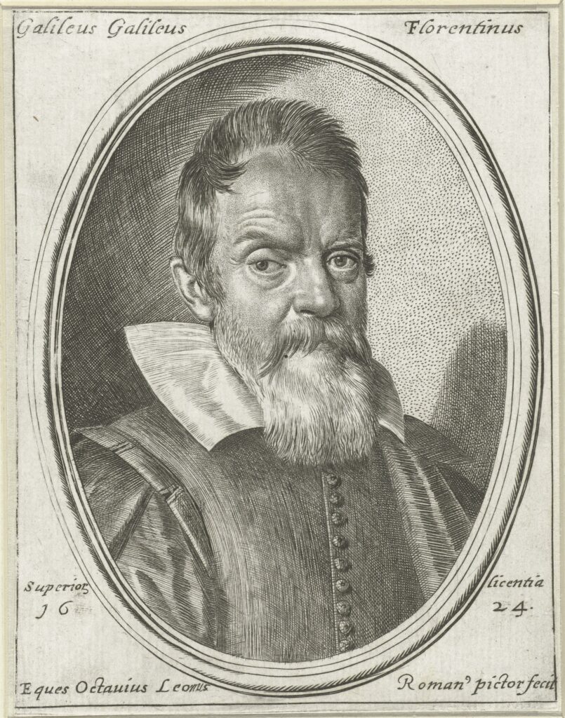 Ritratto del fisico e astronomo Galileo Galilei (1564–1642). L’opera, incisa da Ottavio Mario Leoni e tratta da un suo stesso disegno, presenta l’iscrizione “Galileus Galileus Florentinus” sul foglio.