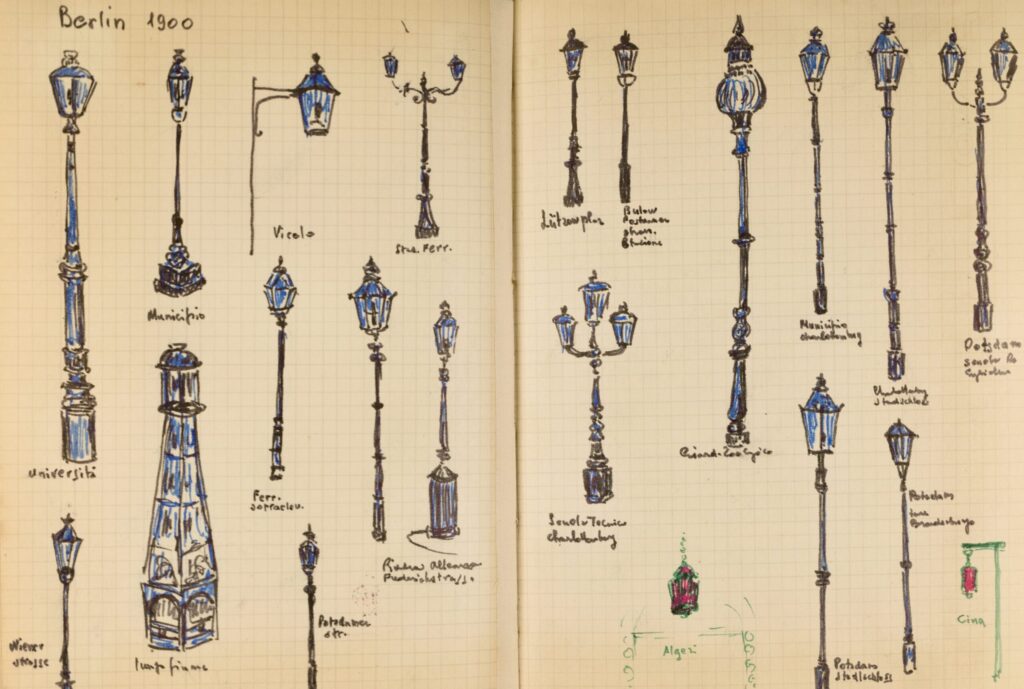 Selezione di lampioni illustrati da Renato Cerutti, dirigente di Italgas